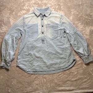 Free People Glacier Bay Printed Checked Distressed Blue Denim Tunic Small Boho